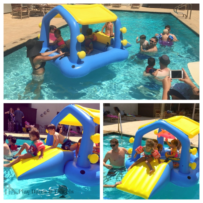 Pool party collage: Guests enjoy playing on the giant Intex float island with water slide